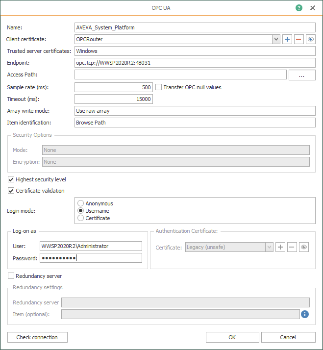 Screenshot_OPCRouter_OPC_UA_Client_Settings_AVEVA_SP