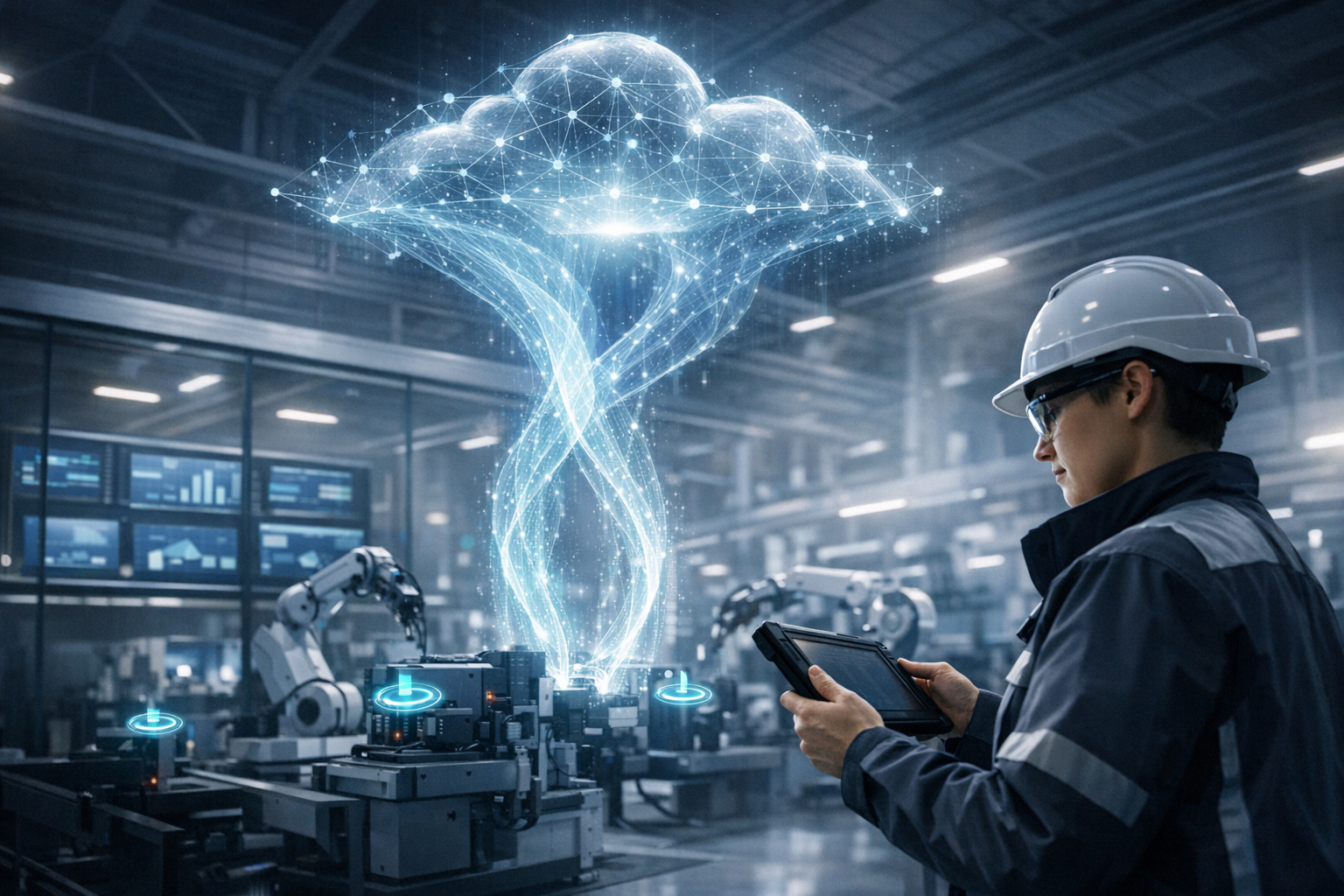 Photorealistic, forward-looking industrial scene: a modern factory floor with robotic cells and IIoT sensors (edge devices) emitting soft pulses. A ge